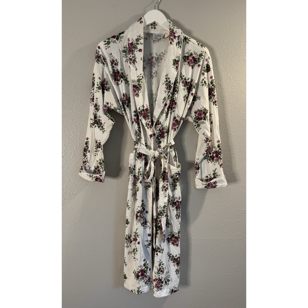 Vintage 80s 90s Kathryn Floral Knit Long Sleeve Wrap Lounge Robe Cottagecore M